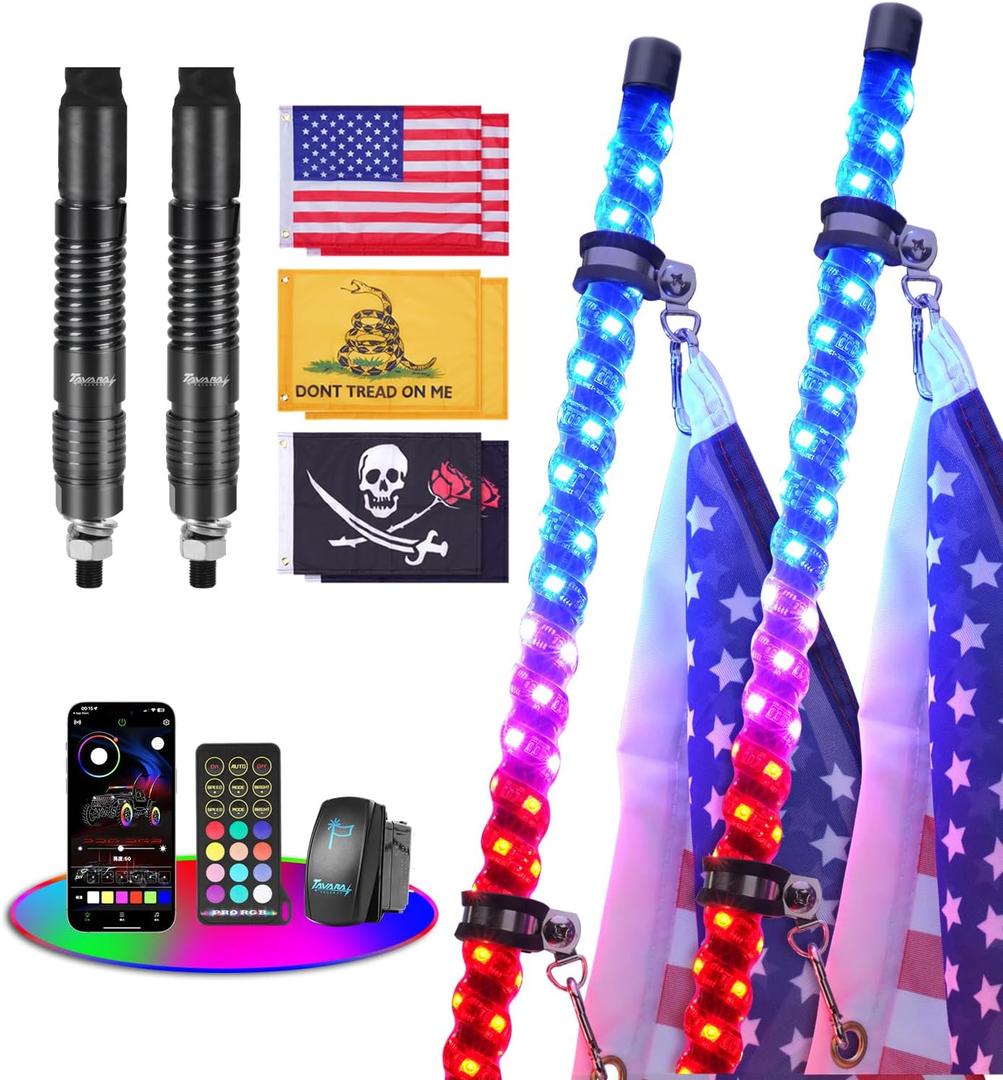 Tavaray 2PCS 6FT Whip Lights with Spring Base, Tripled Brighter Led Whip Lights W/Rocker Switch & 6 Flags, 360 Spiral Chasing Lighted Antenna Whip with App & Remote Control for UTV/ATV/RZR/SXS/Can-Am