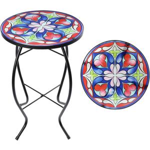 MUMTOP Side Patio Tables-Mosaic Outdoor Side Table - 14 Symmetrical Pattern Glass Accent Round End Table, Plant Stand Indoor Small Coffee Table for Garden or Living Room Decor (Blue Flower)