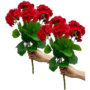 Mumiko 2PCS 18'' Artificial Geraniums Silk Flowers Plants Home Outdoor Decor Garden Ruby Red