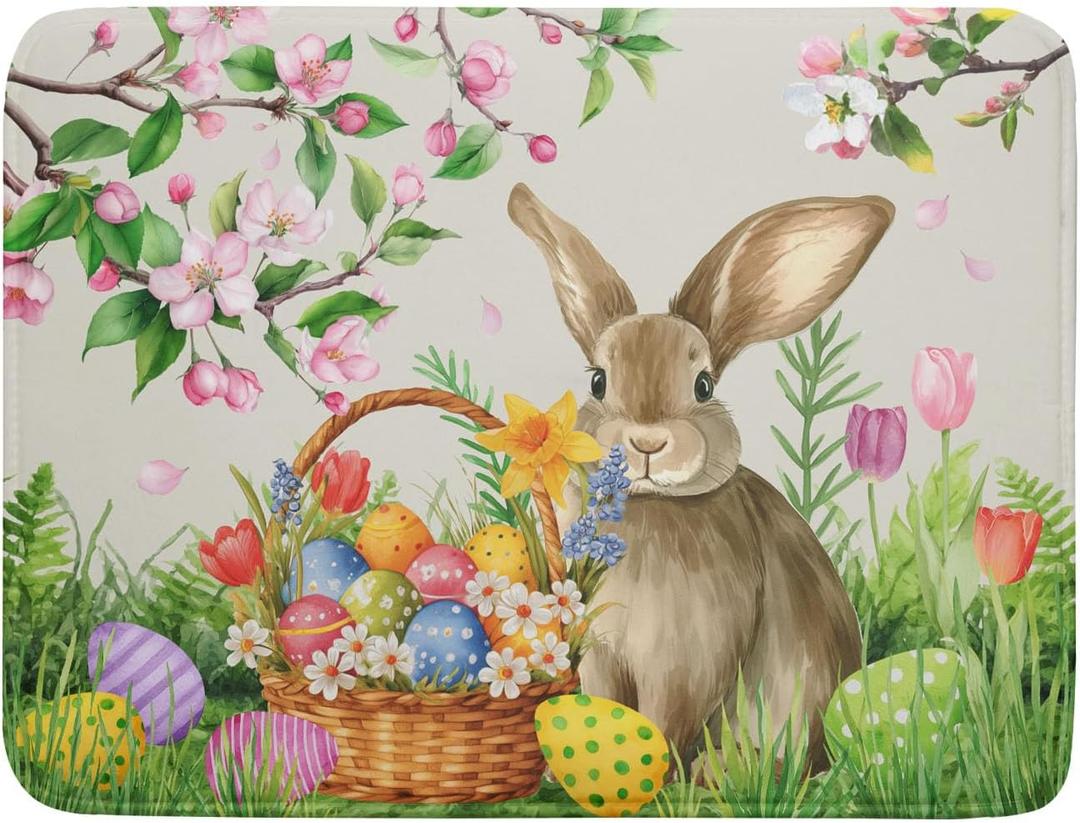 Easter Bunny Colorful Eggs Dish Drying Mat for Kitchen Counter,Spring Flowers Green Grass Drying Mat 18 x 24 Inch with High Absorbent Microfiber Drainer Mat for Coffee Bar