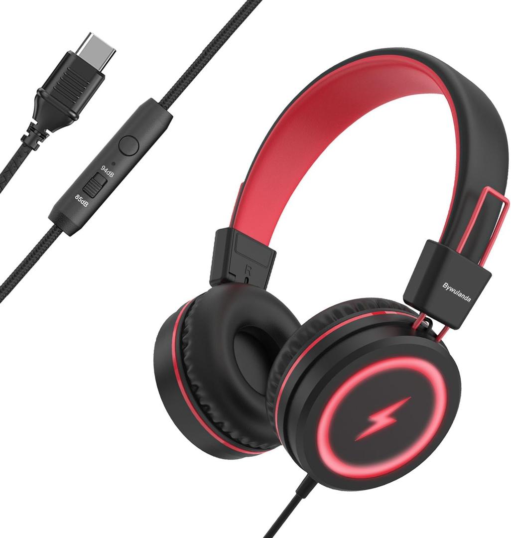 Kids Headphones with LED Lights for School, Upgrade USB Type C Kid Headphone with Microphone, Volume Limiter 85/94dB, Wired On Ear Headphones for Boys/Girls/Tablet/Travel - Black