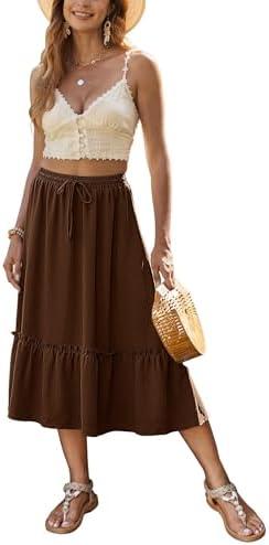 Bluetime Women Flowy Midi Skirt Summer Beach Pleated Elastic High Waisted A Line Tiered Skirt Size L