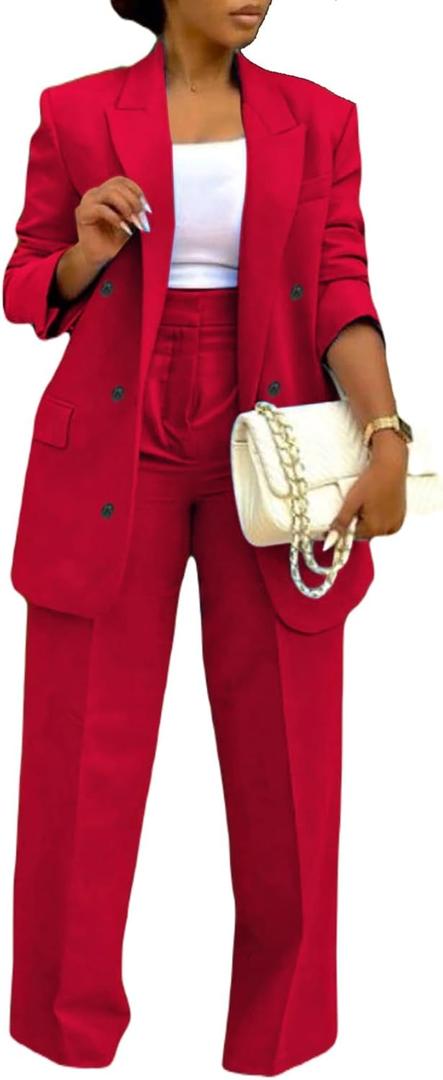 HuiSiFang Women's Business Casual Suits 2 Piece Dressy Blazer and Loose Straight Leg Pants Set (XX-Large, Red)