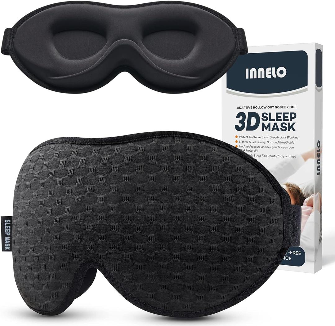 INNELO 3D Contoured Sleep Mask for Side Sleepers, 100% Light Blocking Sleeping Mask for Men & Women, Soft, No Pressure on Eyes, Airplane Blindfold for Travel, Night Eye Cover for Nap, Yoga, Black