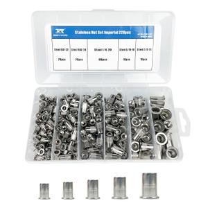 228PCS Stainless Steel Rivet Nuts Kit, SAE UNC Rivet Nuts Assortment 8#-32, 10#-24, 1/4"-20, 5/16"-18, 3/8"-16, Flat Head Threaded Rivet Insert Rivet Nut, Threaded Rivets Nuts Assortment Kit