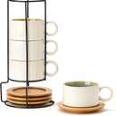 LUKA 6 Ounce Porcelain Stackable Espresso Cups with Saucers and Metal Stand Set of 4, Ceramic Cappuccino Cups Set for Specialty Coffee Drinks, Latte, Cafe Mocha and Tea, White Green Interior