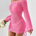SISKIN Women's Bathing Suit Beach Cover Up Crochet Knit Tops Mesh Hollow Out Dress Drawstring Without Sexy Bikini (Pink, L)