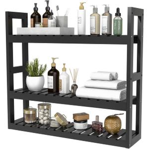 Domax Bamboo Bathroom Shelf 3-Tier Wall Mount Storage Rack Multifunctional Adjustable Layer Free Standing Over Toilet Utility Shelves Living Room Kitchen (Black), 23.6''L x 5.9''W x 21.3''H