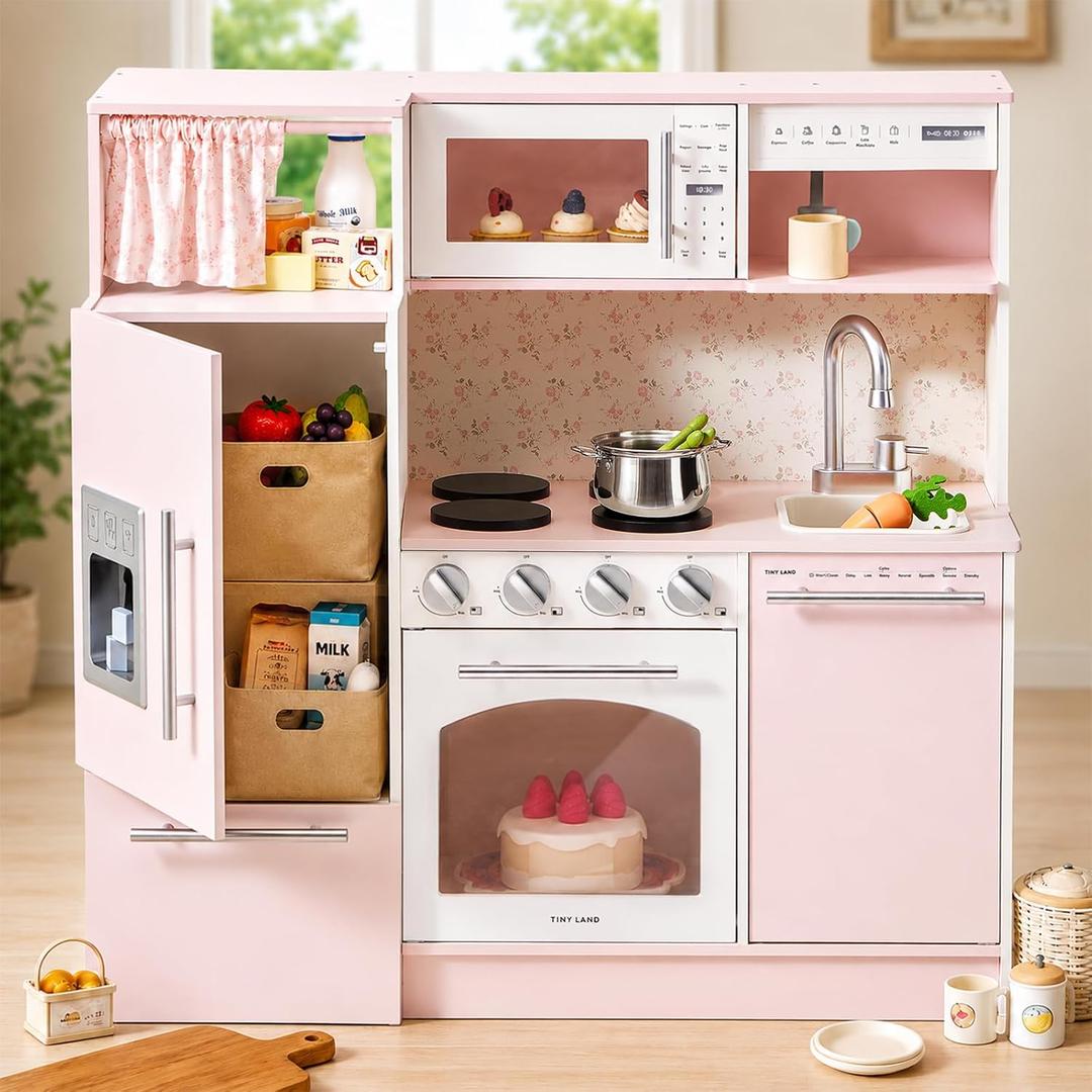 Tiny Land Wooden Play Kitchen for Toddlers, Kids Play Toy Kitchen Set, 31.89" W x 11.42" D x 31.5" H
