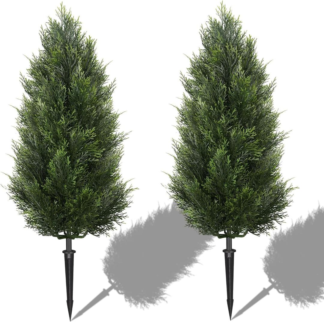 3FT Artificial Cedar Topiary Trees with Ground Spike, UV Resistant Topiary Trees Artificial Outdoor Plants, Artificial Plants Outdoor for Indoor, Front Porch, Garden, Set of 2