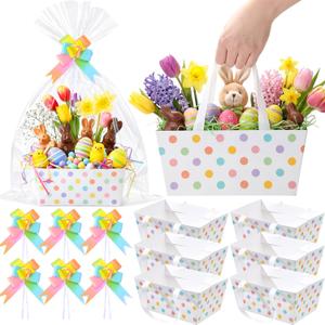 Funnymoom 6 Pack Polka Dots Easter Basket for Gifts Empty with Cellophane Bag Pull Bows Pastel Dots Basket Easter Gift Box for Spring Picnic Pastel Wedding Birthday Party Favors, 9.8 x 6.5 Inch