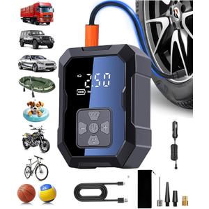 Tire Inflator Portable Air Compressor for Car, Ball Basketball Pump for Sports Balls Auto for Car Tires Bicycle w Gauge Values Display, 150PSI Power Battery Bike Pump Cordless (JT-WY-7075)