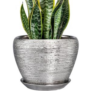 Pot for Plants 8 Inch - Ceramic Plant Pot Indoor with Drainage Hole and Saucer Decorative Planter for Indoor Plants Modern Round Flower Pot for Home Decor Silver