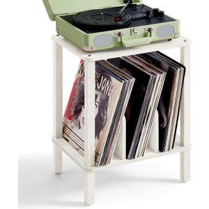 LELELINKY 2-Tier Record Player Stand with Vinyl Record Storage up to 100 Albums, Bedroom Record Holder and Multi-Functional End Table for Living Room, Grey White
