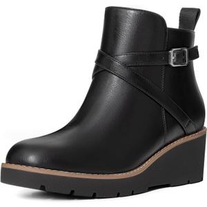 Athlefit Women's Wedge Ankle Boots Fashion Platform Lug Sole Buckle Short Booties with Side Zipper (6, Black)
