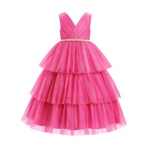 IBTOM CASTLE First Bridesmaid Dress for Girl Flower Girl Dress V-Neck Kids Birthday Dress Ruffle Pearls Tiered Formal Dress Tulle Party Dress Wedding Gown Prom Evening Rose Red 6-7 Years