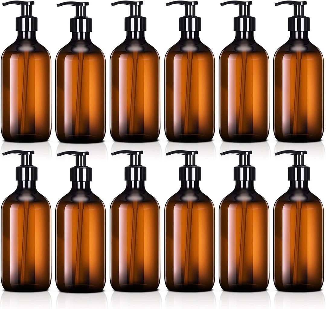 Tessco for you 12 Pack Amber Soap Dispenser Empty Plastic Pump Bottles Dispenser Refillable Shampoo Container for Hand Sanitizer Soap Lotion Body Wash Conditioner Bathroom Kitchen Travel(12 oz)