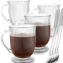 Large Ribbed Glass Coffee Mugs Set of 4,16 Oz Clear Espresso Mugs with Spoon, Glass Diner Cups with Handle Diner Latte Cup with Footed Base for Hot Beverages, Cappuccino Cups, Stylish Drinkware