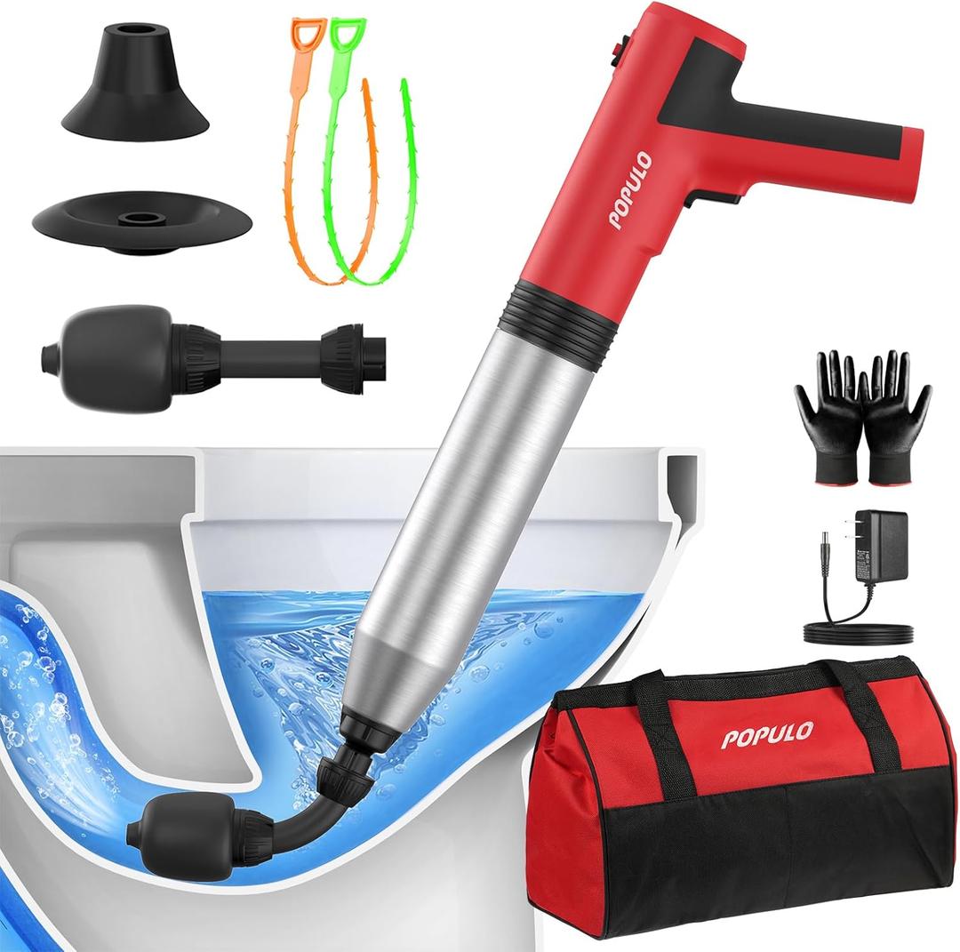 POPULO Electric Toilet Plunger Swift High Pressure Drain Unclogger Plungers for Bathroom, Floors, Shower Heavy Duty Versatile Home Toilet Clog Remover (Black)
