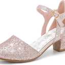 LAURMOSA Girls Dress Shoes Closed Toe Chunky High Heels Ankle Strap Wedding Party Pump Shoes (Pink, 4 Big Kid)