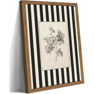 Framed Vintage Floral Wall Art, Black and White Stripes Flower Canvas Wall Decor Paintings, Minimalist Botanical Artwork Print Picture for Living Room Bedroom Bathroom 12x16 Inch