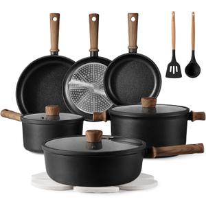 CAROTE Nonstick Pots and Pans, Induction Cookware Set 16pcs Kitchen Cooking Sets, Pot and Pan Non Stick w/Frying pan (PFOS, PFOA Free) (Black)