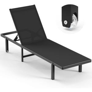 Lounge Chair Outdoor with Wheels, Aluminum Patio Chaise Lounge Chair with 5 Adjustable Backrest - Easy to Move- Pool Lounge Chairs for Deck, Beach, Poolside (Black)
