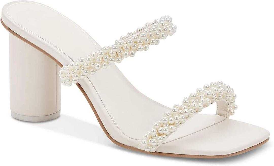 Womens Chunky Heeled Sandals Pearl Strappy Open Square Toe Slip-on Block Heels Backless Mules Shoes (6.5, White)