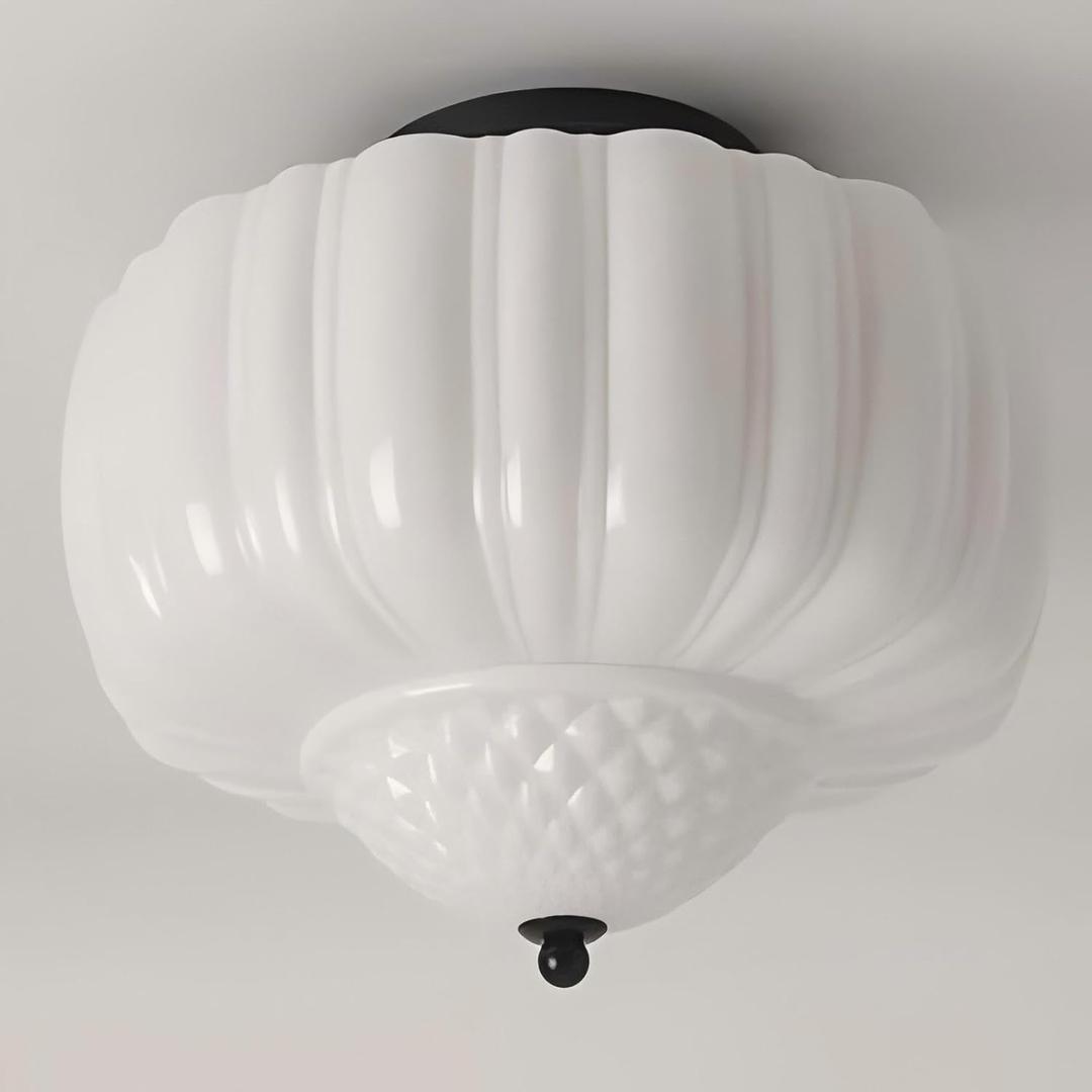 LIGHTLAND Milk Glass Ceiling Light, 13.8 Inch Mid Century Semi Flush Mount Ceiling Light Fixture, Vintage Chandelier for Bedroom, Living Room, Dining Room, Hallway (Style A, White)