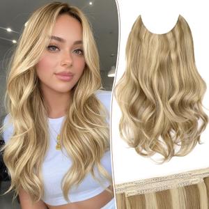 KooKaStyle Invisible Wire Hair Extensions Long Wavy Layered Synthetic with Transparent Wire Adjustable Size 6 Secure Clips Hairpieces for Women 16 Inch (16 Inch, Light Brown mix Golden Blonde)
