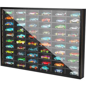 Model Car Display Case, 1/64 Hot Toy Cars Wheels Matchbox Car Storage case for Collectibles, Toy Wooden Wall Mounted Display Case Cabinet with 60 Compartments
