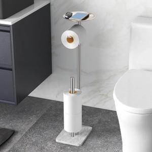 Toilet Paper Holder Stand for Bathroom Floor Standing Toilet Roll Dispenser Storages 4 Reserve Rolls, with Top Storage Shelf for Cell Phones, Wipe, Wallet and More(Marble Brush Nickel)