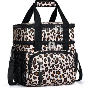 Insulated Lunch Bag for Women, Double Leakproof Lunch Box Soft Cooler Tote with 5 Pockets, 600D Oxford, EVA Lining, Adjustable Strap for Work, Picnic, Beach&Travel-Leopard Print