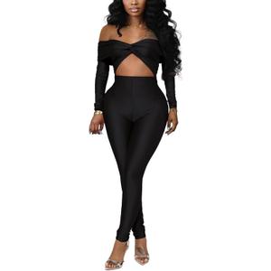 Women Sexy Off Shoulder Ruched Hollow Out Bodycon Long Pants Jumpsuit Romper Clubwear One Piece Outfits (Large, Black)