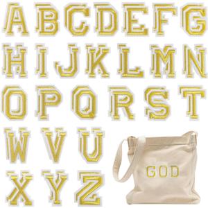 FR 52 Pcs Iron on Letters Patches, Varsity Alphabet Embroidered Patch A-Z Applique for Clothes, Dress, Hat, Jeans, DIY Accessories (Glod)
