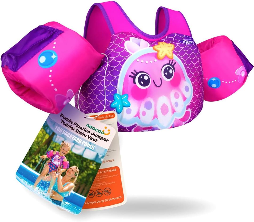 Puddle Float Jumper 20-30-50-60-70 Pounds, Toddler Swim Vest for 1-3-5-6-9 Years Old, Pool Floats with Swimming Arm Floaties Swim Jacket & Water Wings for Kids Swimmies, Boys, Girls, Nios (Seajelly)