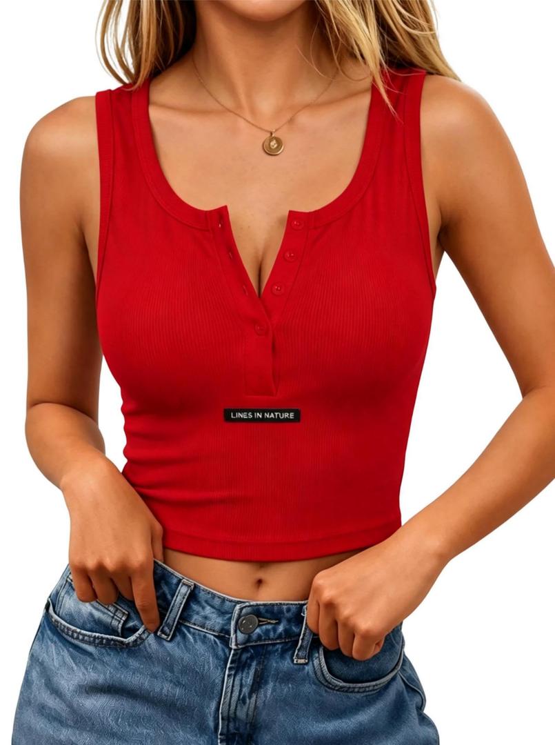Remidoo Women's Henley Crop Tank Tops Ribbed Knit Button Front Fitted Sleeveless Shirt Red X-Large (Red, XL)