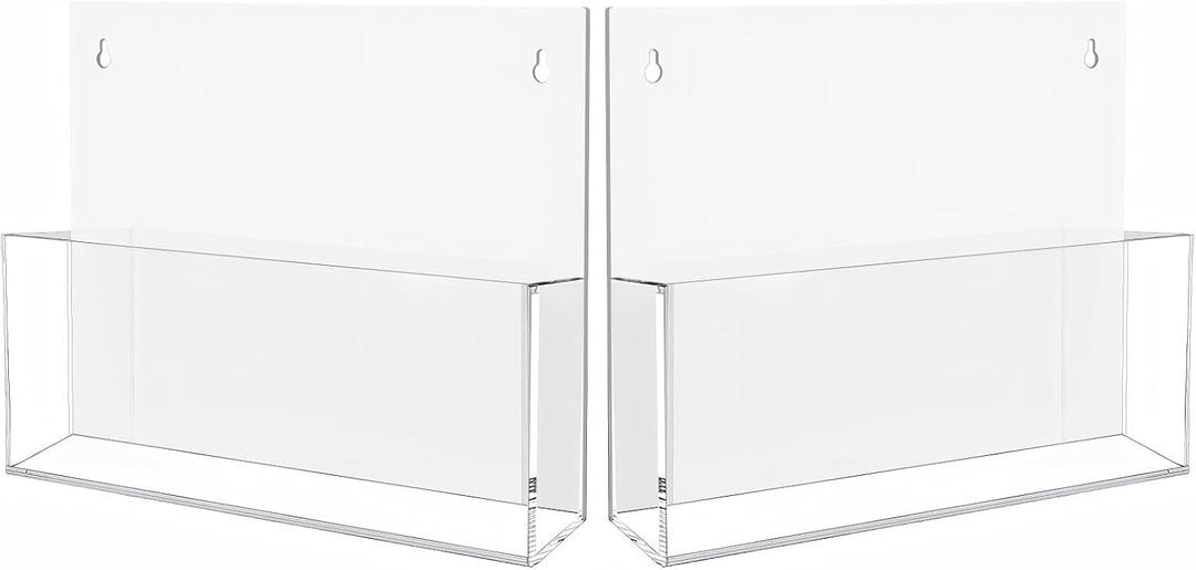 JUESHA 2 Pack Clear Acrylic File Holder Wall Mount Self Adhesive, Letter Size Hanging Paper Organizer, Wall Pocket File Holder Storage for Letter Folder Brochure Magazine Bookshelf Literature Display (13 x 9.5 in, White)