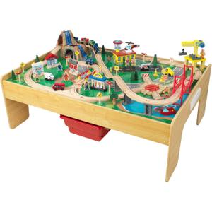 KidKraft Adventure Town Railway Wooden Train Set & Table with EZ Kraft Assembly with 120 Accessories and Storage Bins, Gift for Ages 3+, 43.5" x 31" x 21.1"