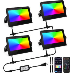YAYZA! LED Flood Lights Outdoor 36W, 300W Equivalent 3000 LM RGB Color Changing Led Stage Landscape Lighting Bluetooth Smart Floodlights with APP Control 3000K Bright White Light, Timing&IP66 (4Pack)