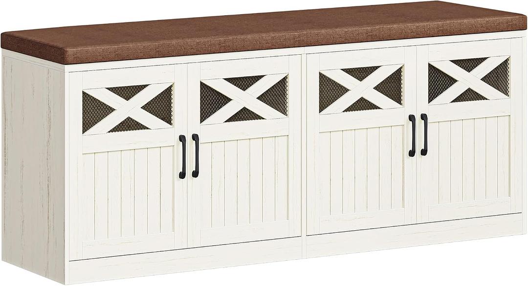 Hzuaneri 2 Tier Shoe Storage Bench with Doors, 47.2" Farmhouse Shoe Bench with Padded Cushion, 12 Pairs of Bed End Bench, Entryway Bench with Storage for Bedroom, Living Room, Rustic White SB61214KA