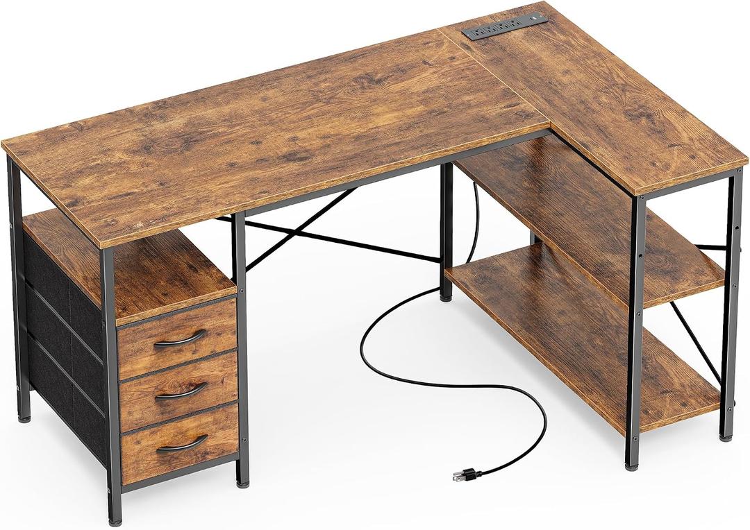 Huuger L Shaped Office Desk with Power Outlets, 47 Inch Computer Desk with 3 Drawers, Shelves, for Gaming, Corner Work, Home Office, Study, Rustic Brown