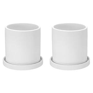 PATIKIL 4.3 Inch Ceramic Plant Pots, 2 Pack Modern Flower Planters with Drainage Holes and Tray for Decorate Home Indoor Plants Succulent Herb, White