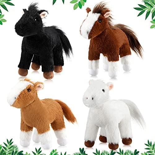 Skylety 4 Pcs Stuffed Horse Toy 8 Inch Horse Plush Stuffed Animals Cute Plush Assorted Toy Brown Animals Gifts Party Favors Supplies Decoration(Standing Style)