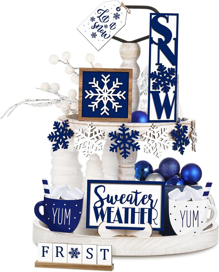 Jetec 12 Pieces Winter Tiered Tray Decor Set Snowflake Wooden Sign Let It Snow Table Decorations Farmhouse Coffee Bar Signs Winter Tray Decor for Home Kitchen Tabletop(Blue)