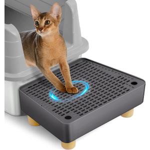 Extra Large Cat Litter Box Step Ramp, Cat's Litter Catcher Mat with Wooden Feet, Filter Function, Pedal Stool for Self-Cleaning Cat Litter Box, Ideal for Kitten & Elderly Cats (Dark Grey)