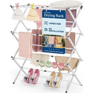 Oversize 3-Tier Clothes Drying Rack, No Assembly, White, 14.9" D x 29.3" W x 39.3" H