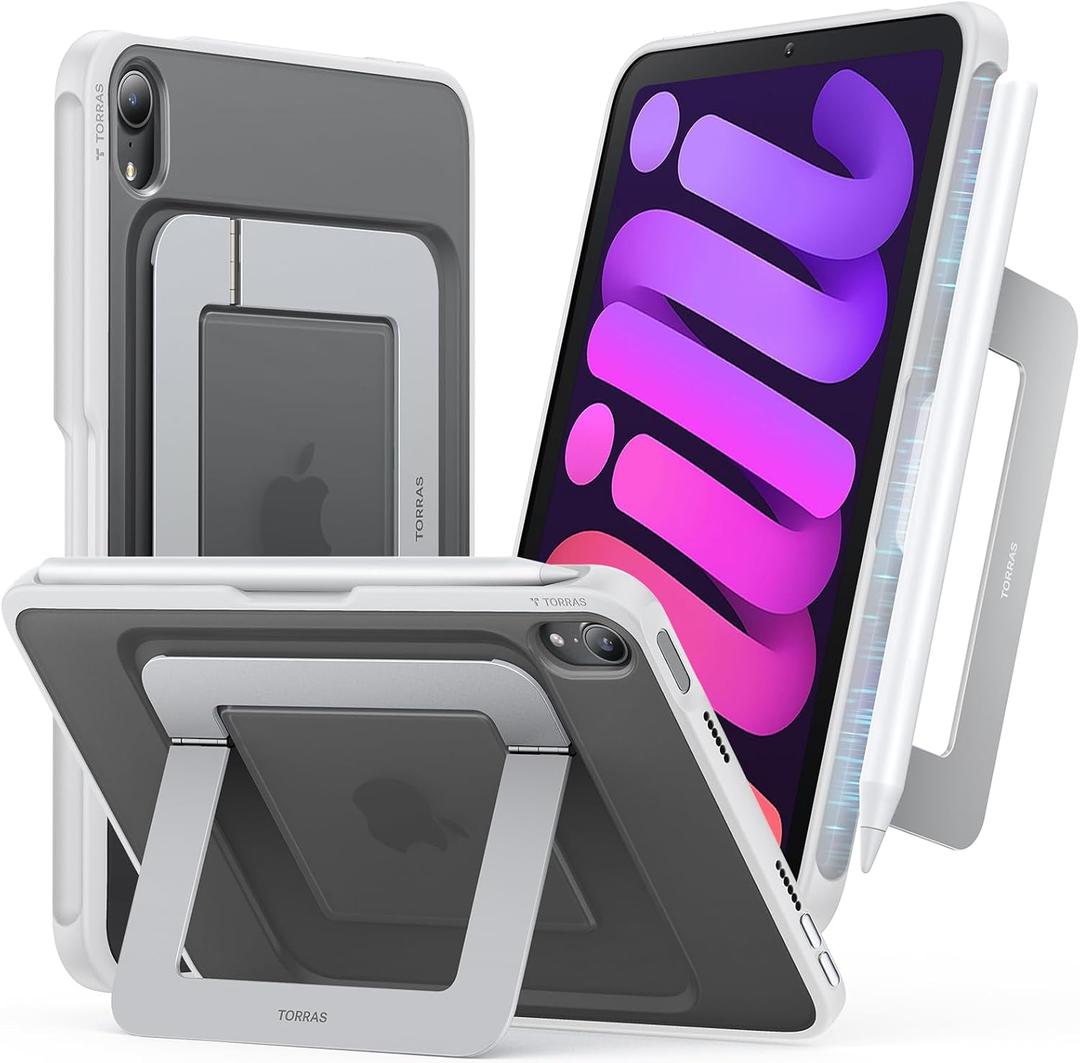 TORRAS Ostand K1 Guardian for iPad mini 7 A17 Pro Case, iPad mini 6 Case with Pencil Holder, Ultra Stable Stand, Multiple Adjustable Viewing Angles, Slim Protective Kickstand, iPad mini Case, White