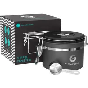 Coffee Gator Coffee Canister, 11oz Airtight Stainless Steel Kitchen Food Storage Container with Date-Tracker, CO2-Release Valve and Scoop for Beans, Grounds, Sugar, Cookies Jars, Tea, Cereal - Gray