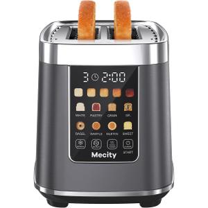 Mecity 2 Slice Toaster with Touch Screen & Auto Lift, Stainless Steel Cool-Touch Toaster with 8 Bread Settings, 5 Shade Levels, 1200W High Power, Keep Warm & Reheat Function, Metallic Grey, 120V